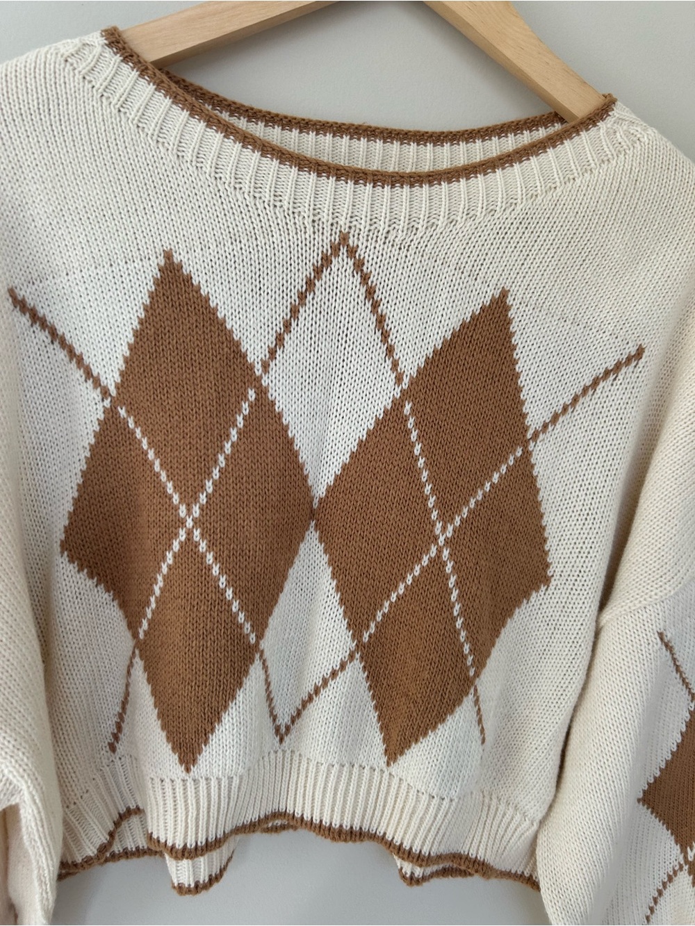 Cream and Brown Argyle Cropped Sweater - Picture 3 of 5